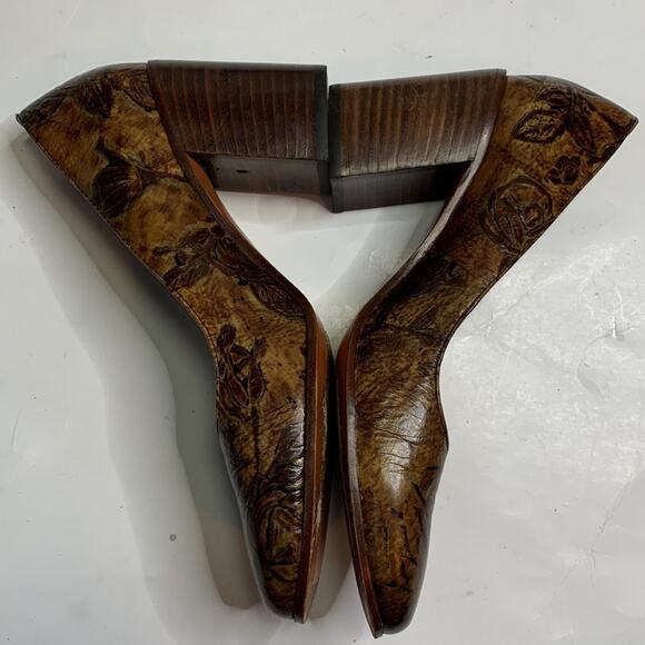 Patricia Nash Anita Block Heel Leather Pumps Bark Leaves Brown Shoes S-106 Sz 6 - Picture 3 of 10